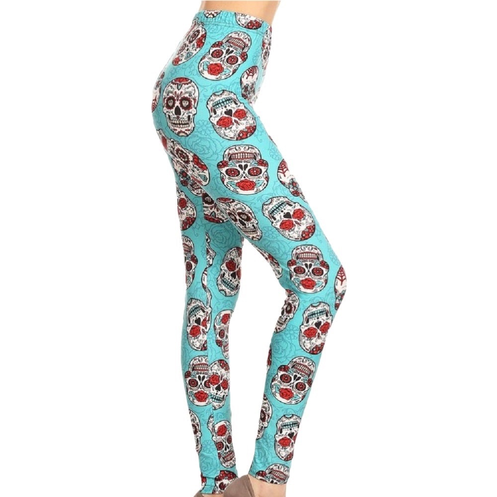 Sugar Skulls Ultra Soft Leggings Turquoise & Roses
